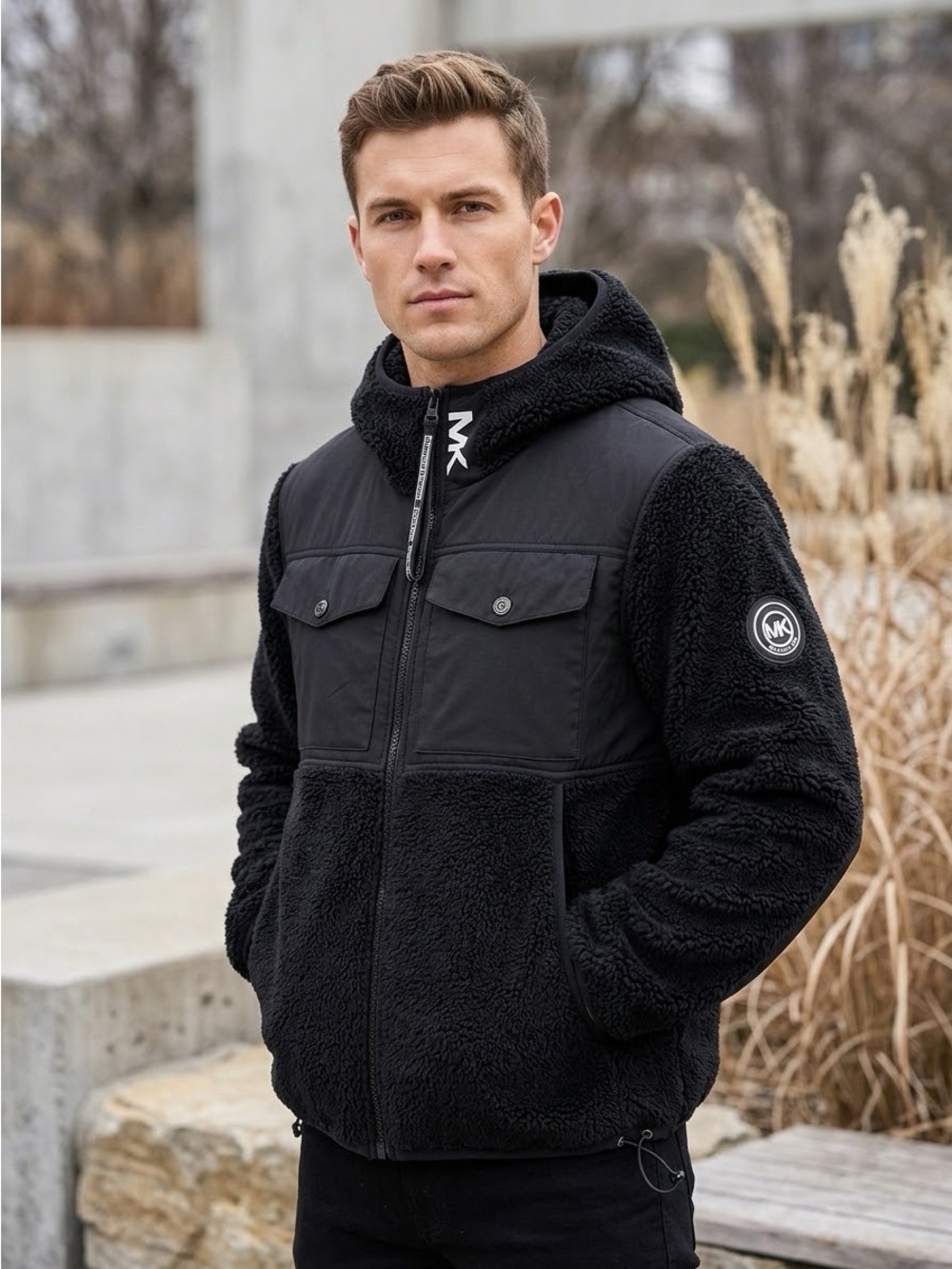 MICHAEL KORS Men’s Black Sherpa Fleece Hooded Full Zip Utility Jacket